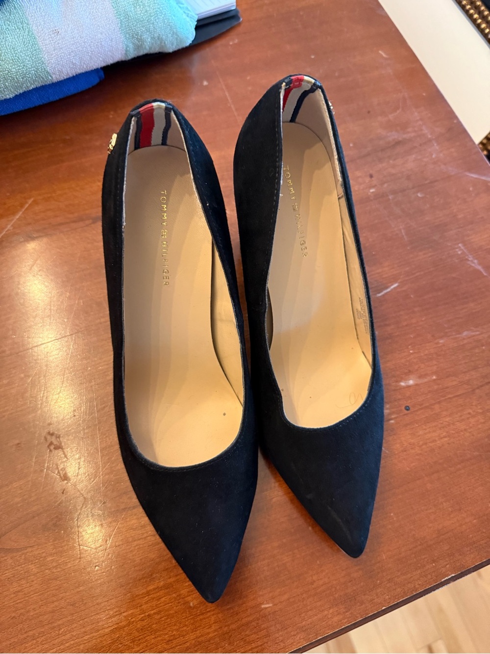Tommy Hilfiger Black Pointed Toe Suede Block Heel Pumps